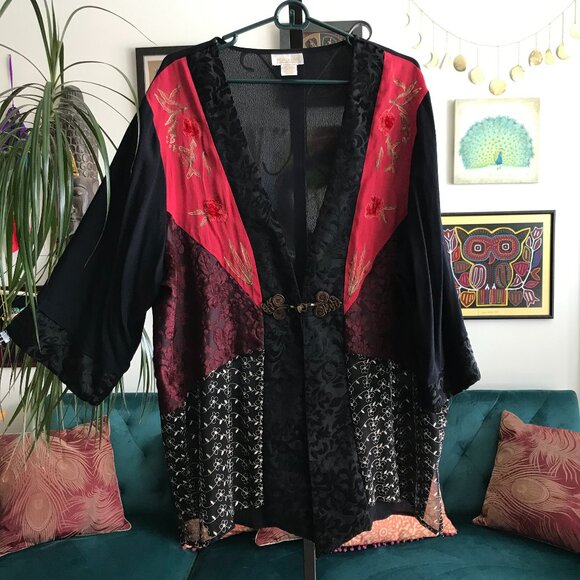 ROAMAN'S size 20W Burnout Velvet Asian Inspired Embroidered Kimono Cardigan - Picture 1 of 6